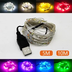 Luces de hadas LED USB, cadena de alambre de cobre, lámpara de noche interior de vacaciones, guirnalda para árbol de Navidad, decoración de fiesta de boda, 5M, 10M