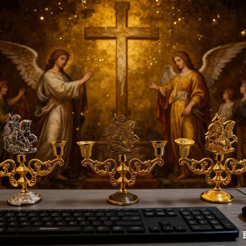Neuer dreifarbiger St.-Georgius-Altar-Kerzenhalter mit Doppelbechern für Kirchenliturgie, Gebet, religiöse Andacht, christliche Dekoration, Geschenk – Detail 7