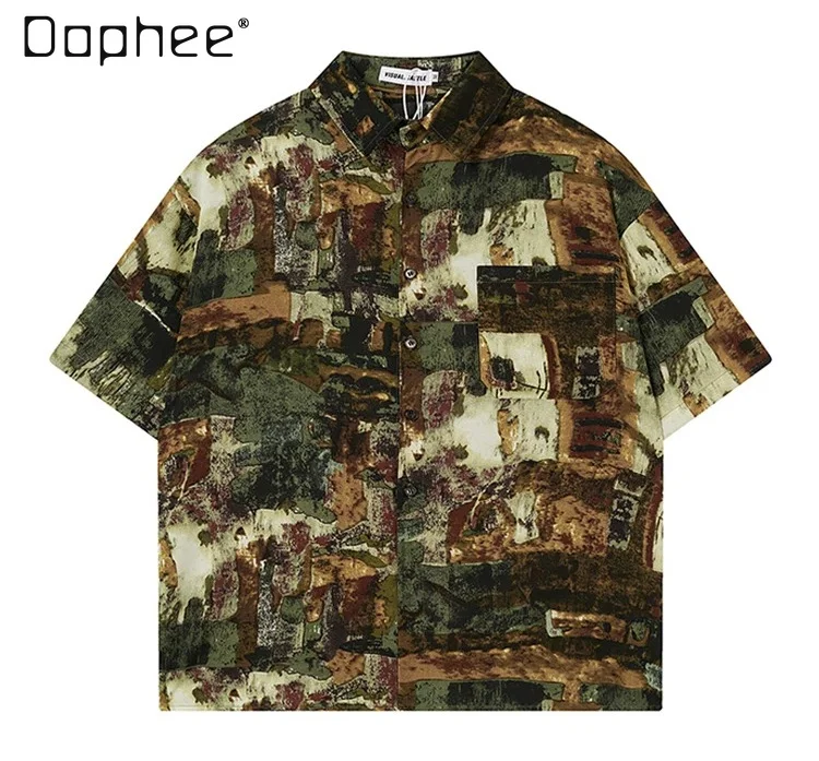 

Summer New Men's Oil Painting Graffiti Print Short Sleeve Shirt Casual Loose Streetwear Retro Aesthetic Blouse for Daily Wear