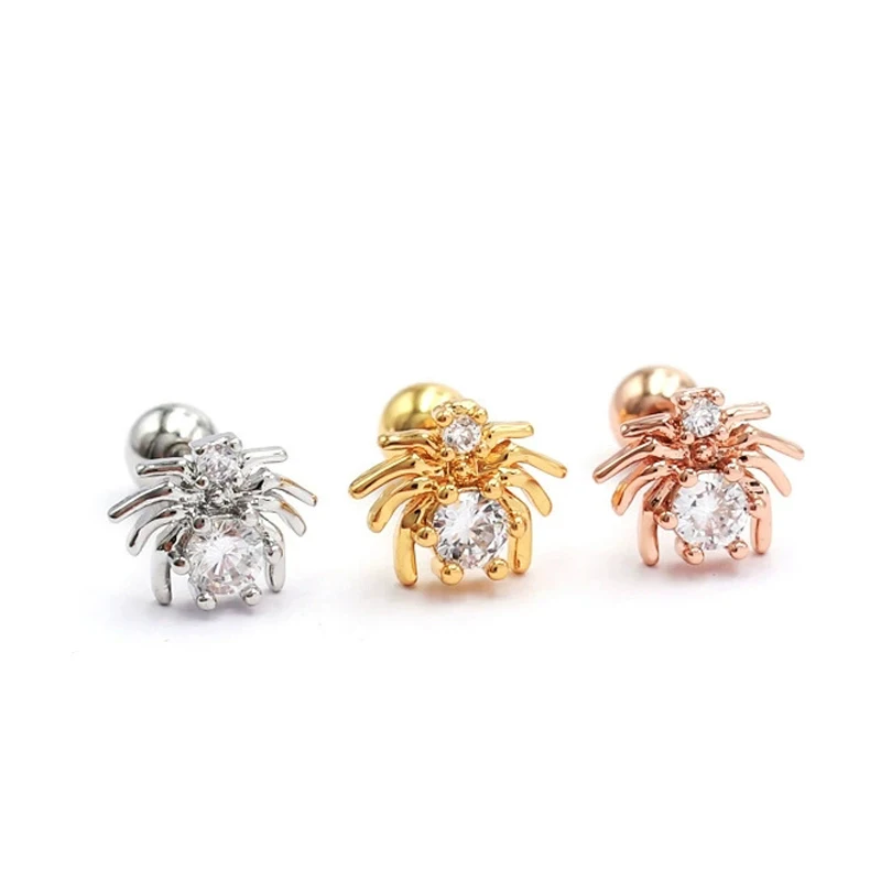 1 PCS Cute Copper Zircon Spide Bug Shape Stud Earring Steel Helix Bar Ball Ear Cartilage Piercing Cuff Jewelry Wholesale