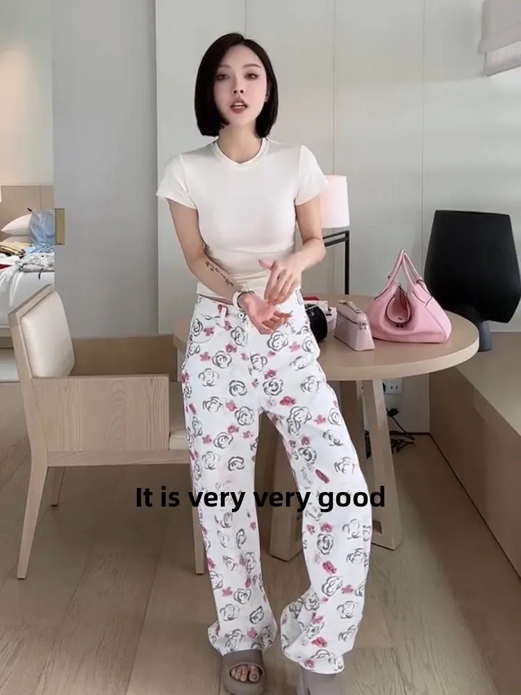 

High Waist Straight Leg Jeans Women's Printed Loose Drapey Wide Leg Pants Commute Style High Waist Long Pants Regular Thickness