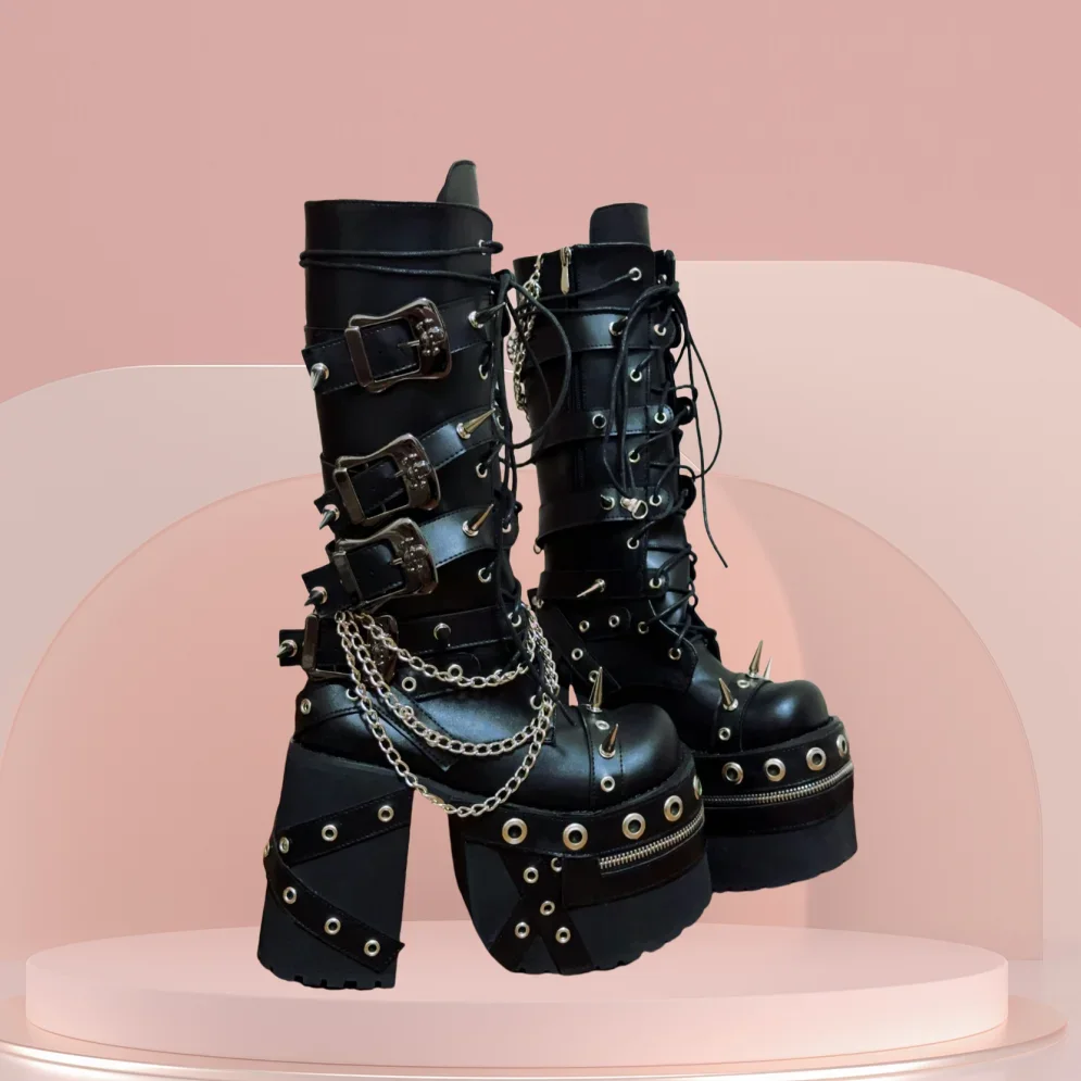 

Ботинки в стиле панк с заклепками, на толстой подошве, с перекрестными шнуровками, крутые женские туфли, модные туфли с пряжками и ремнями, 2025, Zapatos Para Mujere