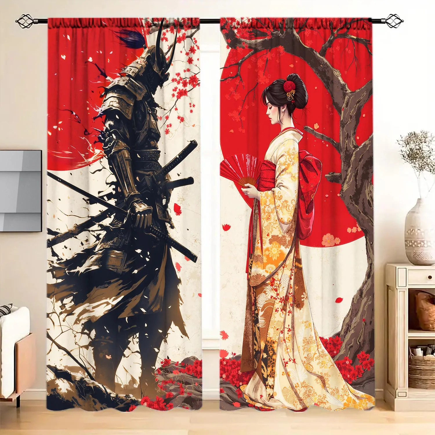 

2 Panels Japanese Samurai & Geisha Cherry Blossom Semi-Blackout Curtains - Modern Woven Polyester, Rod Pocket, Thermal Insulated