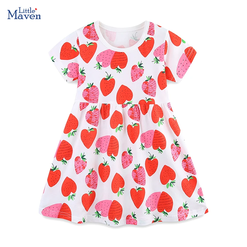Little Maven Kinderkleidung Kleid für Babymädchen 2026 Sommer Baumwolle Cartoon Erdbeer Kinderkleidung Prinzessinnenkleid
