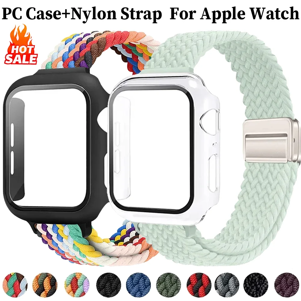 애플 워치 울트라 3/2/1 49mm 11 10 9 8 7 6 5 4 SE용 PC 케이스+나일론 스트랩 화면 보호 쉘 46mm 42mm 45/41mm 44/40mm 밴드