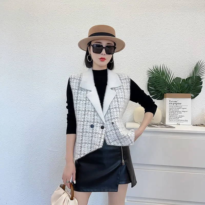 Internet Celebrity Same Checkered Vest Women's Autumn and Winter Collar Sleeveless Imitation Vest Thickened Camisole Shoulder