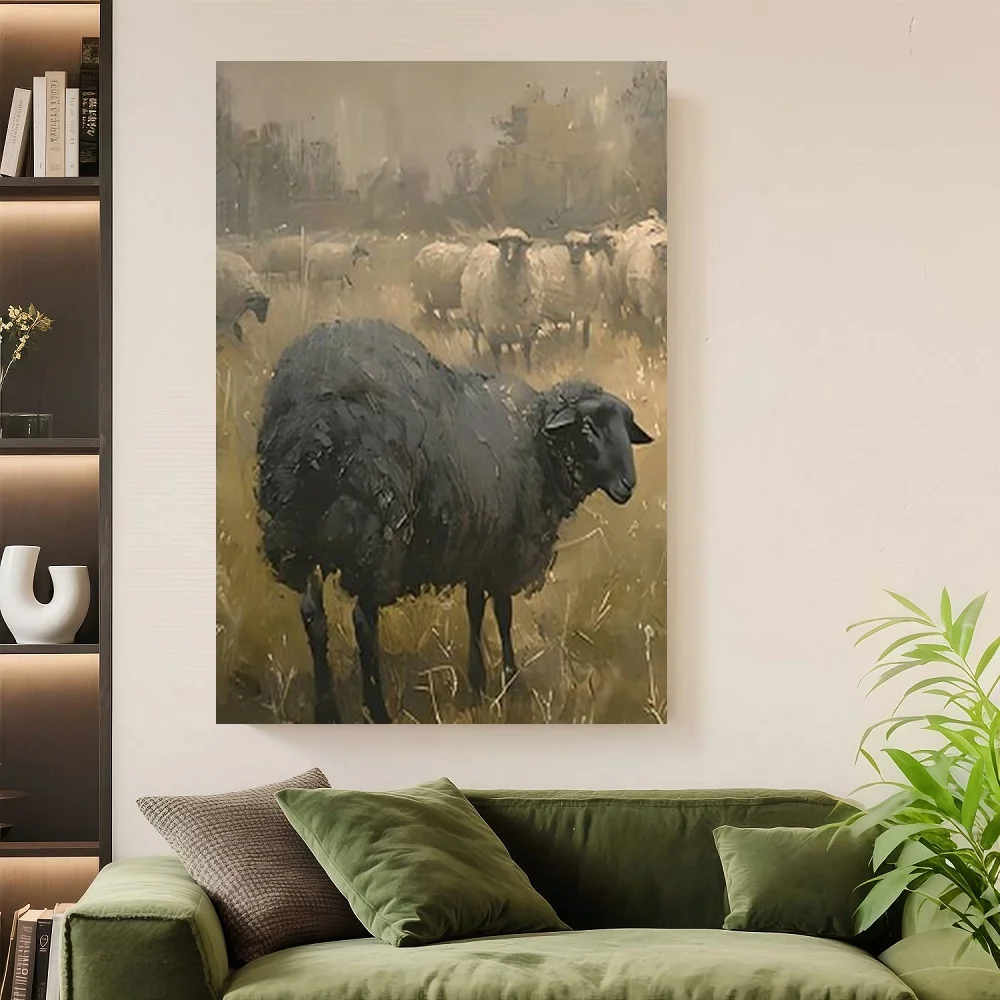 

Framed 1pc Wrapped Solid Wood Frame, Exquisite Poster. Retro Black Sheep Suitable For Room Decoration, Home Decoration, Holiday