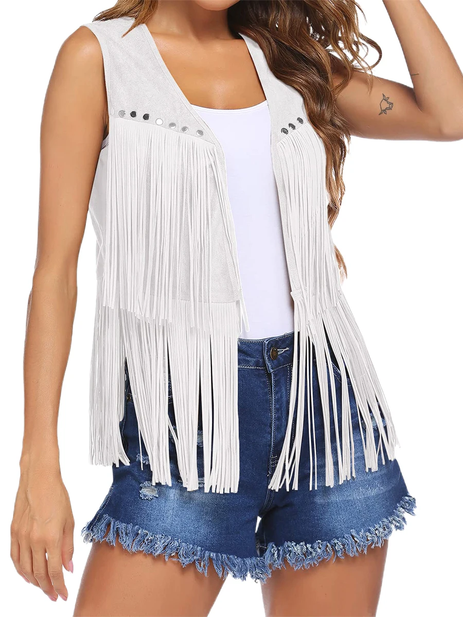 Vintage Women Tassel Vest 70s Hippie Faux Suede Rivets Sleeveless Fringe Jacket Waistcoat Streetwear S-XXXL