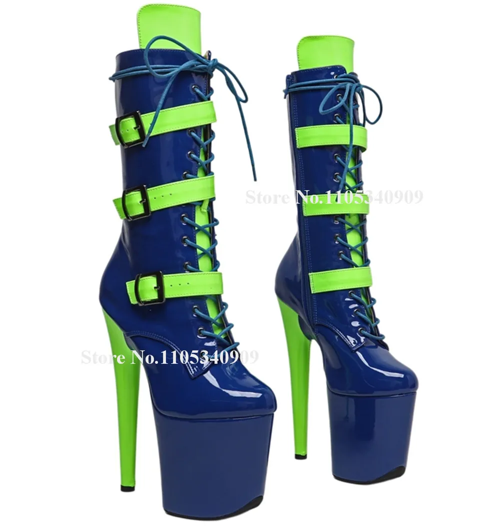 

Bondarenko Blue Patchwork Green Patent Leather Stiletto Heel Short Boots Round Toe Straps High Platform Thin Heel Dance Shoes