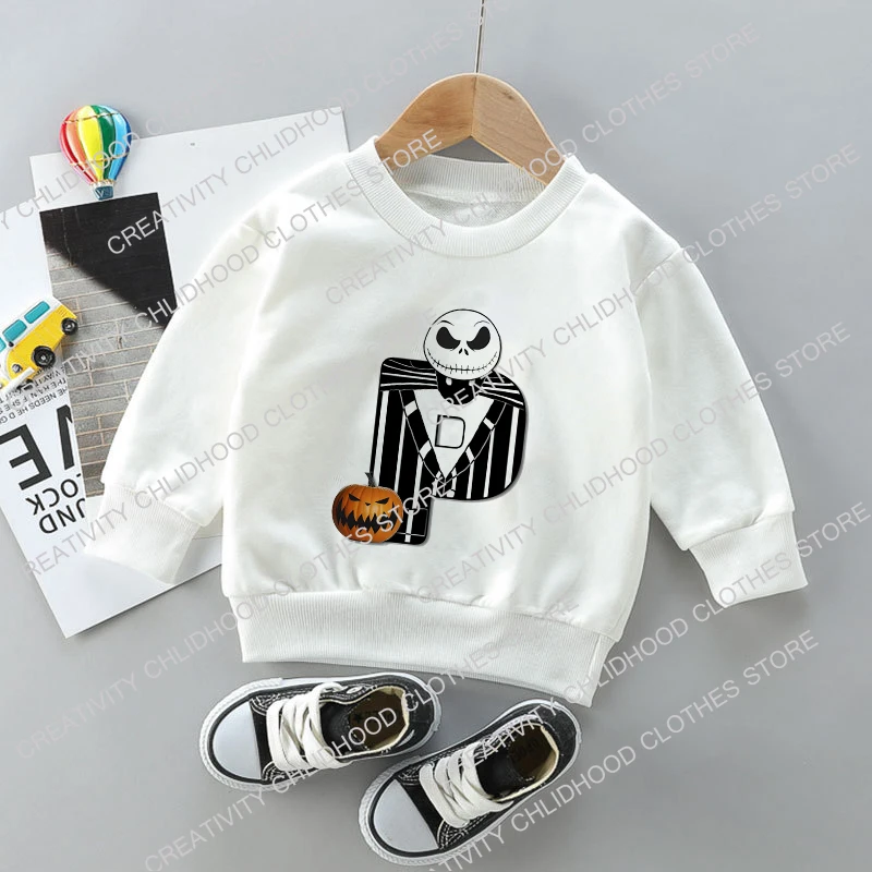 Jack Skellington Children Sweatshirts Letter A B C Pullover Anime Cartoons Casual Clothes for Girls Boys Kid Cotton Kawaii Tops