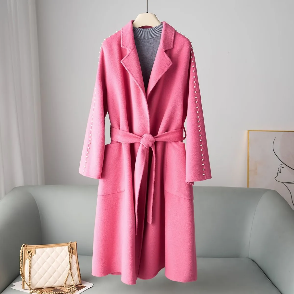 معطف صوفي طويل على طراز هيبورن لخريف وشتاء 2025 معطف صوفي طويل على الوجهين 30 سترة صوفية بقصة ضيقة من الكشمير للنساء #4