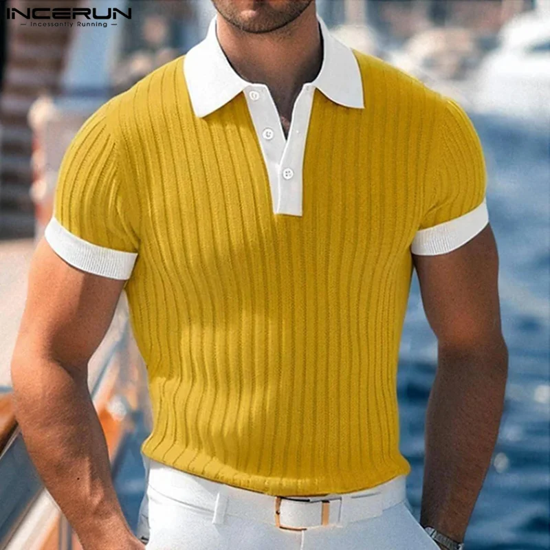 

Casual Stylish Style Tops INCERUN 2024 New Men's Tight Striped Contrast Shirt Handsome Male All-match Short Sleeved Blouse S-5XL