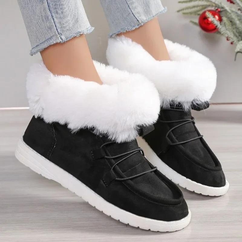 Winter New Flat Boots Women's Fashion Round Head Front Lace-up Suede Short Hair Comfortable Short Boots