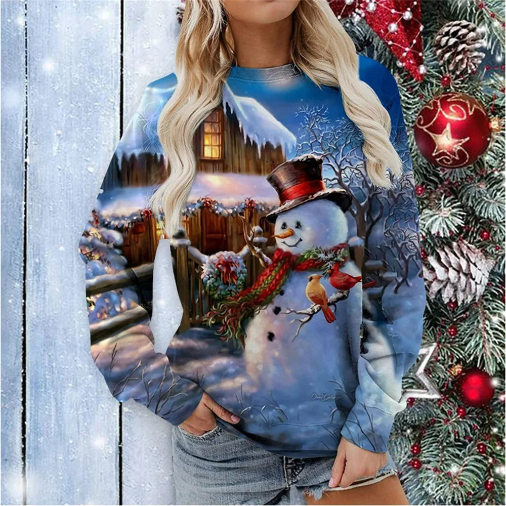 Jersey informal de manga larga con cuello redondo y estampado 3d de muñeco de nieve de Navidad europeo y americano para mujer 2024