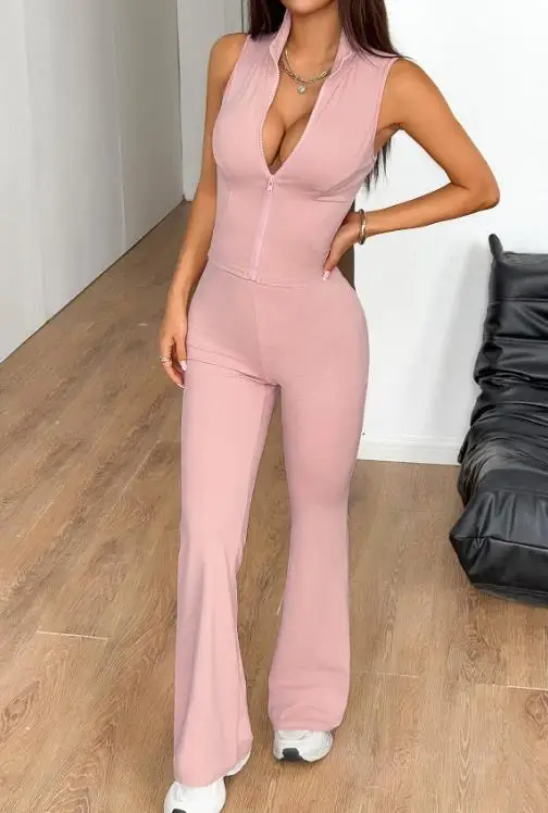 

Tailored Women's Sports Suit Summer Pink Stand Up Collar Zipper Front Sleeveless Vest and High Waisted Flared Pants Set