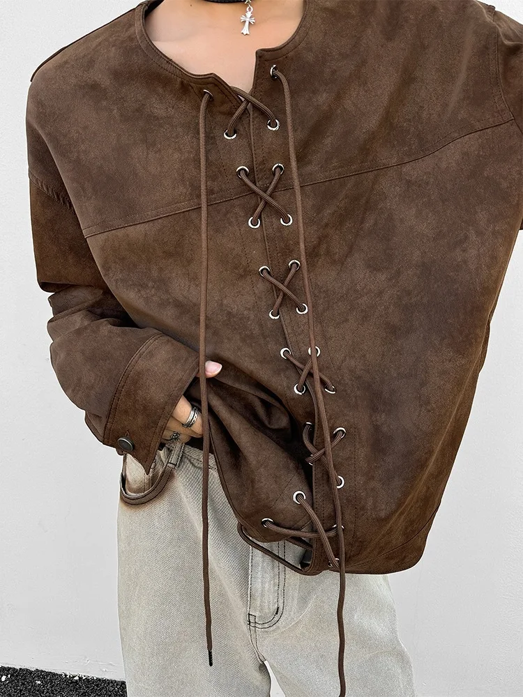 Autumn Lace-Up Suede Leather Jacket American Casual Fashion Retro Safari Streetwaer Style Men's Strapped Round Neck Coat