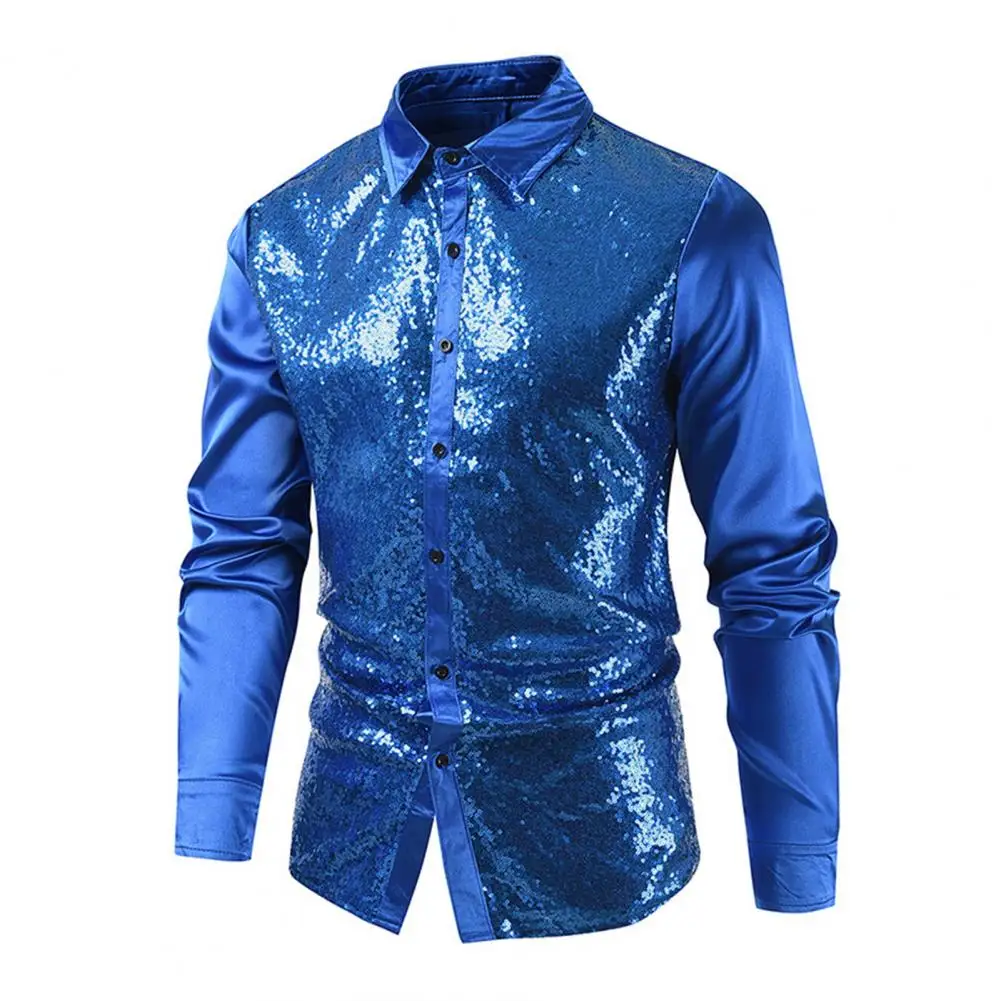 Men Club Shirt Sequin Shiny Performance Shirt for Men with Turn-down Collar Single-breasted Long Sleeves Satin Buttons for Club