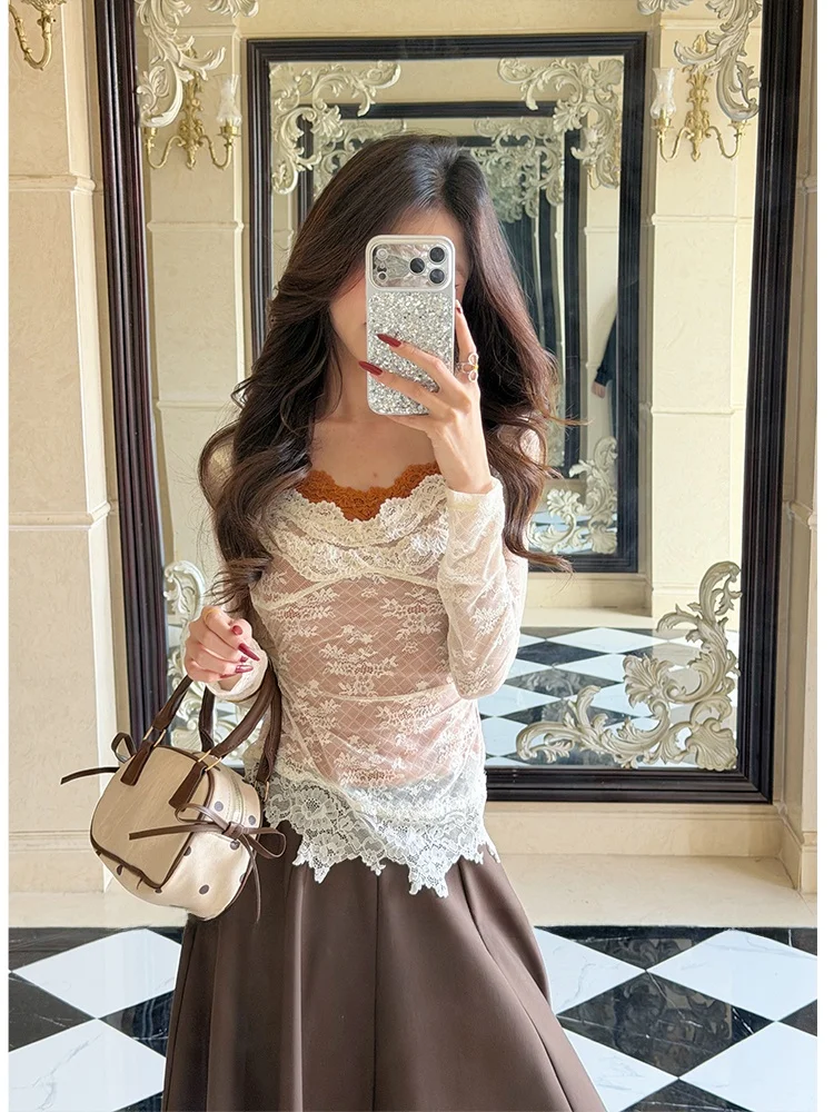 

French Sle Lace Top Color Blo Ne Hanging Long Sve Slim Fit Fake Two-Piece Design Spring Faion Women's Premium Clot...