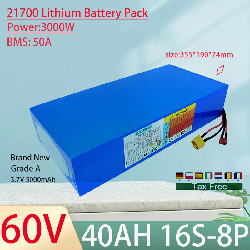 60V 40Ah 21700 16S8P Lithium Ion Battery Pack 3000W Power Tool Batteries Outdoor Backup Batteries With 50A BMS+67.2V 5A charger