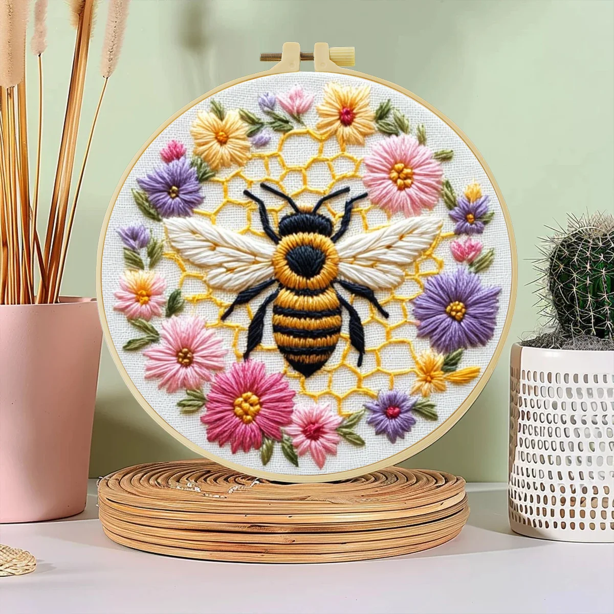 1 Stück 20x20 cm/7,87 Zoll Bienen und Schöne Blumen Stickerei Starter-Kit DIY-Set für Anfänger Nähkunst Heimdekoration – Detail 1