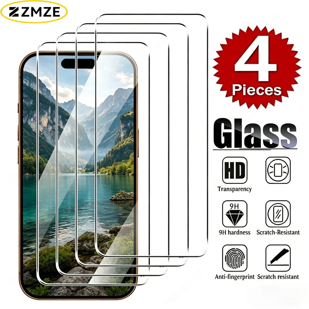 

Комплект из 4 ультрапрозрачных защитных стекол для iPhone 17, 16, 15, 14 Pro Max, 16e, 17e, а также для iPhone 15, 14 Plus, 13, 12, 11 Pro, Mini