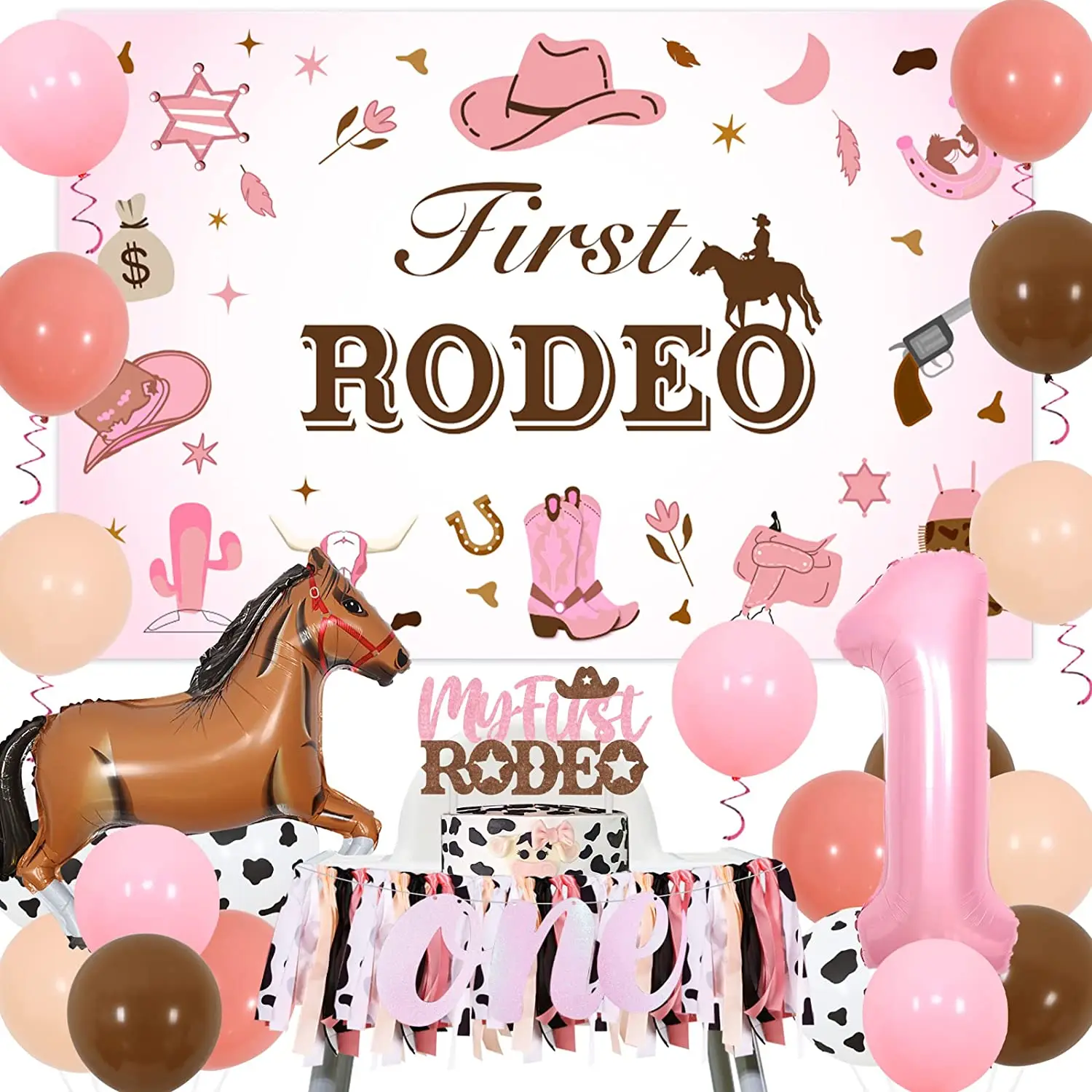 

First Rodeo Birthday Party Decoration Western Cowgirl 1st Birthday Supplies My First Rodeo Backdrop Cake Topper Highchair Banner