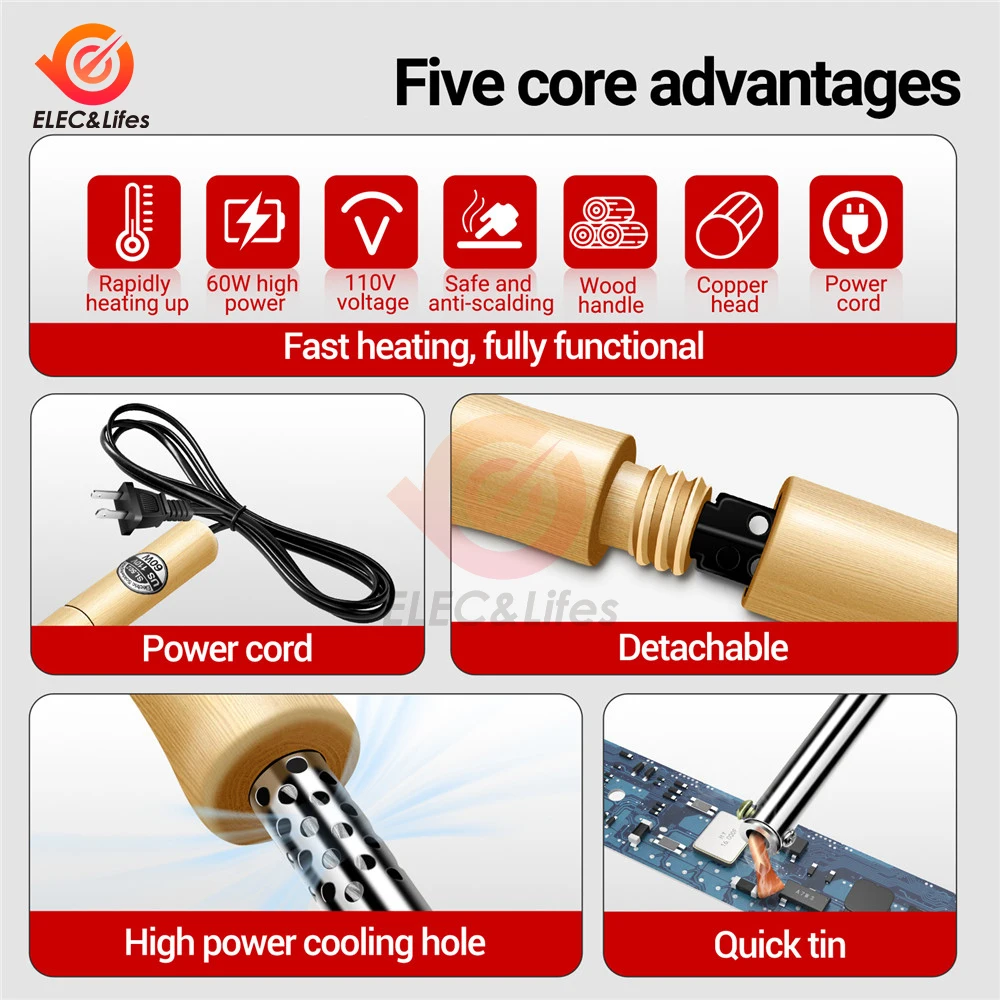 SL502 Eectrie Soldering iron Stainless Steel Pipe Sleeve Soldering Iron Weld Copper Tip with Wooden Handle Rework Station Tool