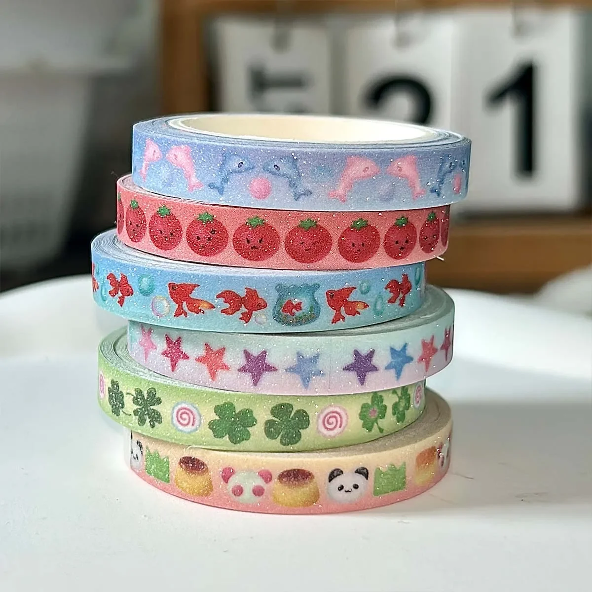 น่ารักมะเขือเทศ Deco Washi เทป Kawaii Four-Leaf Clover Masking เทปกระดาษ Washi เทปทรายเคลือบ Shimmer ฟิล์ม