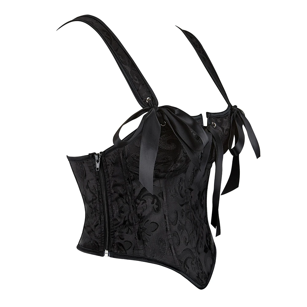 

Front Bandage Bustier Corselet Women Halloween Party Costume Suit Zip Up Black Corset Top With Straps