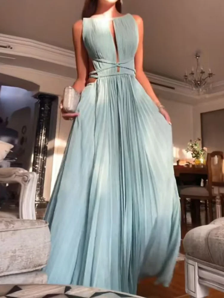 Solides Patchwork-hohles modisches Partykleid, ärmelloses einfaches Maxikleid für Damen im Sommer, 2025, neues O-Ausschnitt, sexy, elegantes Damenkleid