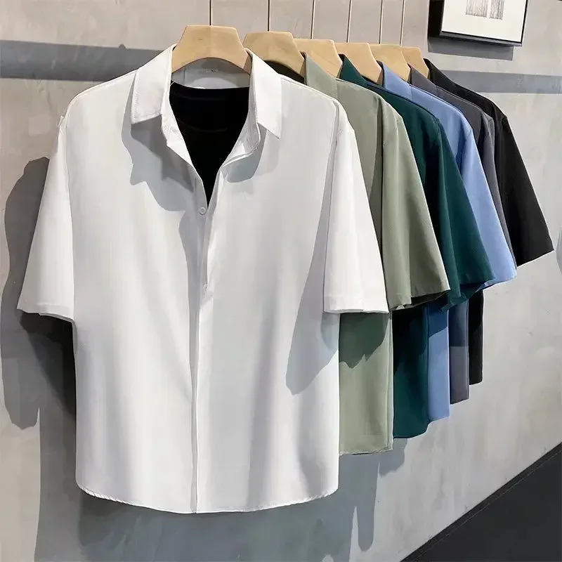 2024 Summer Thin Light Green Casual Fashion Short-sleeved Shirt Male Anti Wrinkle No Iron Loose Button Pocket Men\'s Shirt Top