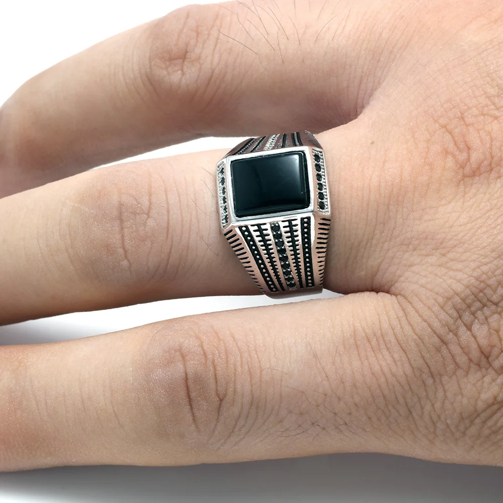 925 Sterling Silver Rings For Men Black Green Red Natural Onyx Stone Square Shape Zirconia Inlaid Turkish Jewelry