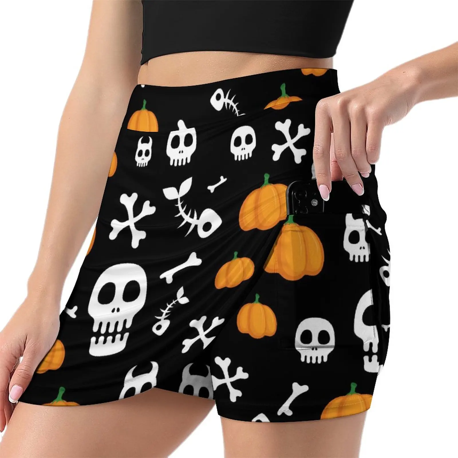 Happy Haunts Skirt Women Skulls Bones And Pumpkins Vintage Mini Skirts Summer Aesthetic High Waist Oversize Casual A-line Skirt