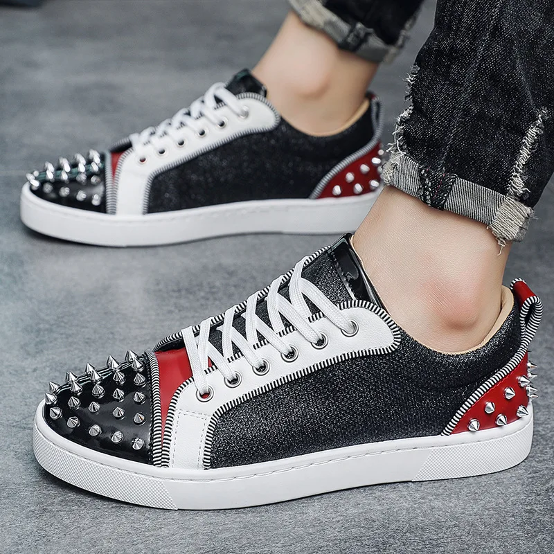 

Men lace up sneakers low top shoes red sole man designer sneaker with spikes New fashion silver trainers glitter spiky shoes