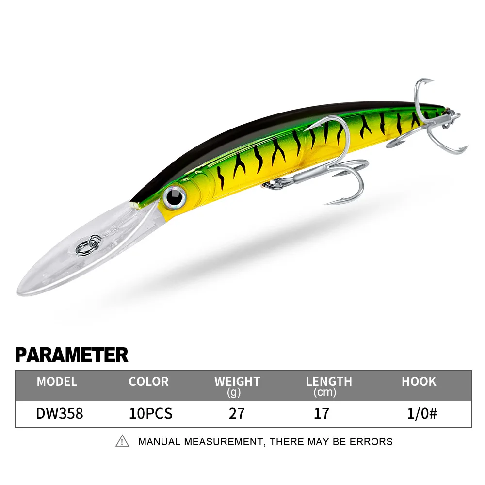 

PROBEROS 1pcs Fishing Lure 17cm 27g Hard Artificial Minnow Lures 10 Color Crankbait Fishing Baits 1/0# Treble hook dw358