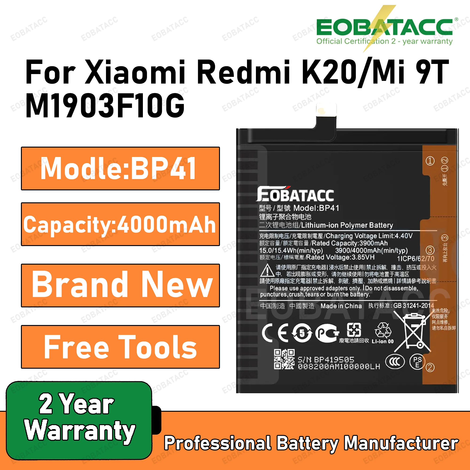 

2025 Years EOBATACC 100% New Replacement Battery BP41 For Xiaomi Redmi K20 Mi9T Premium Genuine Battery 4000mAh+ Free Tools