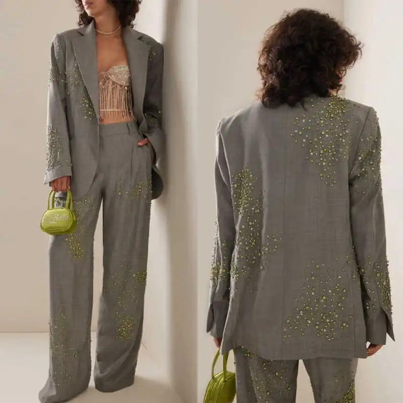 Fashionable Women Suits 2 Piece Blazer Pants Notch Lapel One Button Beads Lady Party Banquet Occasion Wear Customized