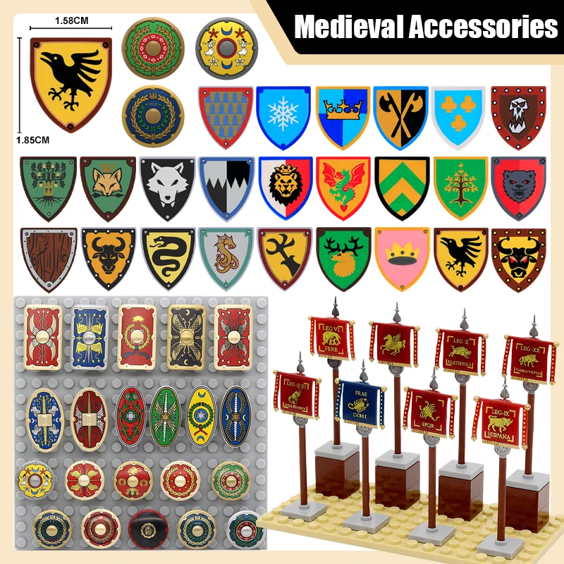 Bouclier médiéval, drapeau romain, accessoires d'infanterie, blocs de construction, figurines de soldats militaires, lances, briques, jouet, cadeau