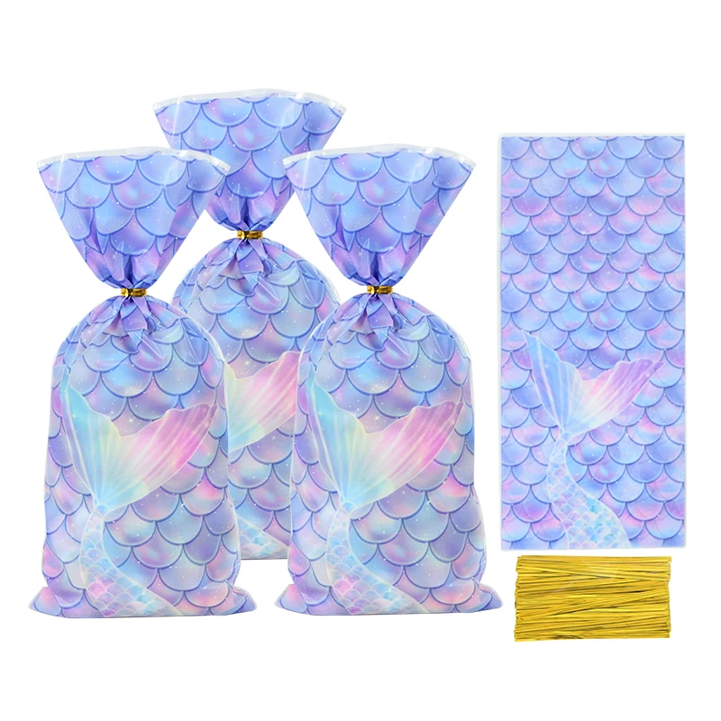 50Pcs Mermaid Birthday Candy Bags For Kids Mermaid Tail Cookies Gift Bag Packaging Supplies Girls Mermaid Party Decoration