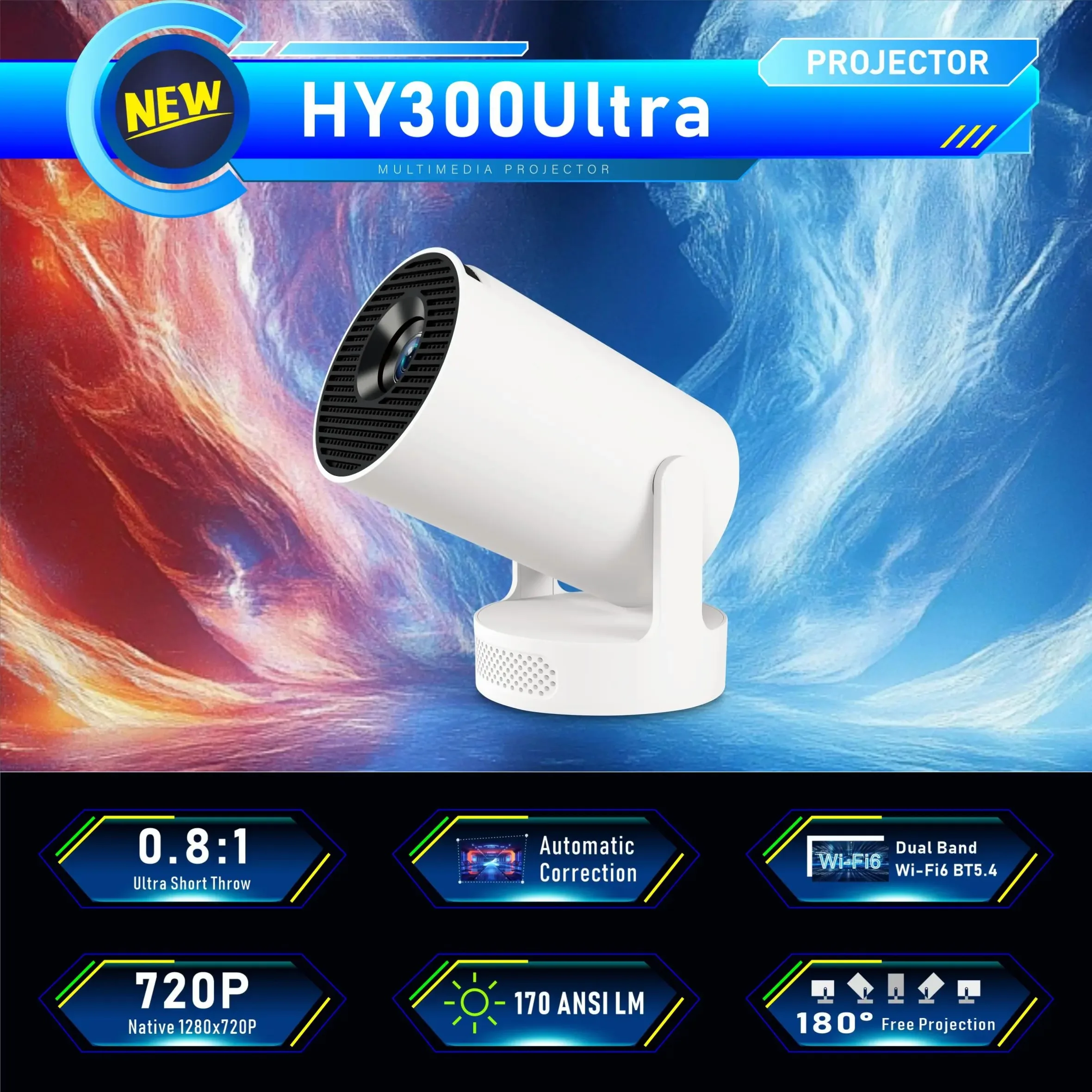 

HY300 Ultra Projector 290ANSI 4K 720P 1+8GB Allwinner H713 Android 11 Wifi 6 with LED Module and Automatic Keystone Correction