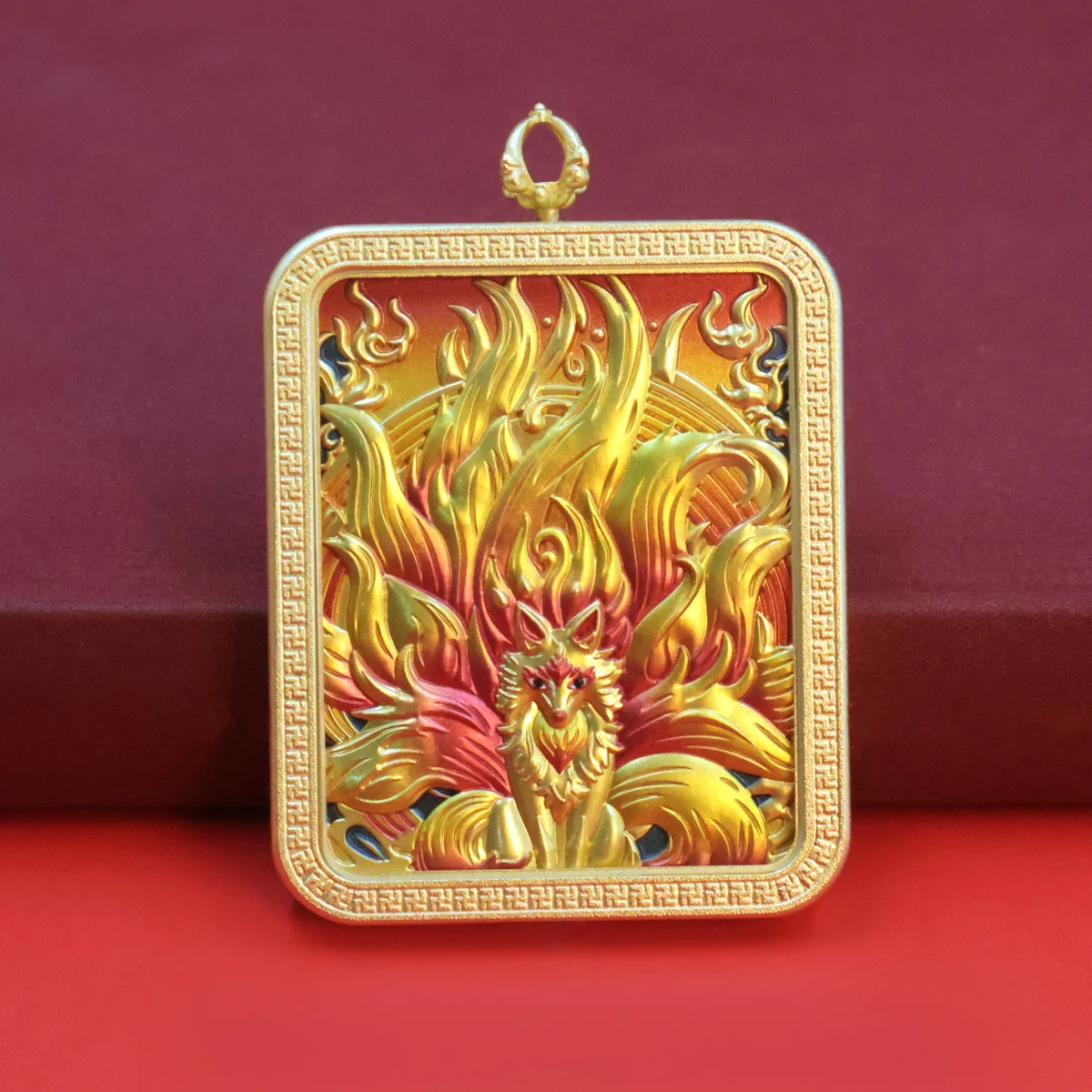 3D Relief Nine-Tailed Fox Amulet, Gilt Thangka Pendant, Unisex Portable Wearable Ornament