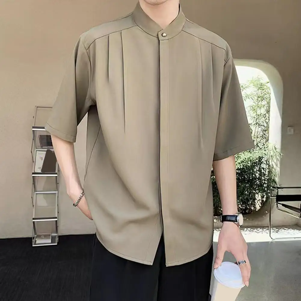 Men Shirt Stand Collar Men Top Stylish Men's Stand Collar Ice Silk Cardigan for Summer Office Wear Pleated Loose Fit Half