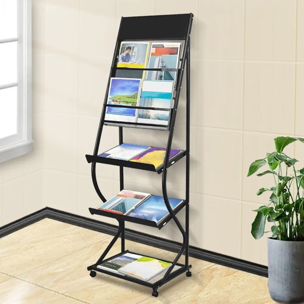 Large Literature Magazine Stand on Wheels, 6 Tier Stand Up Brochures Rack for School/Hotel Lobby/Libraries Bookshelf