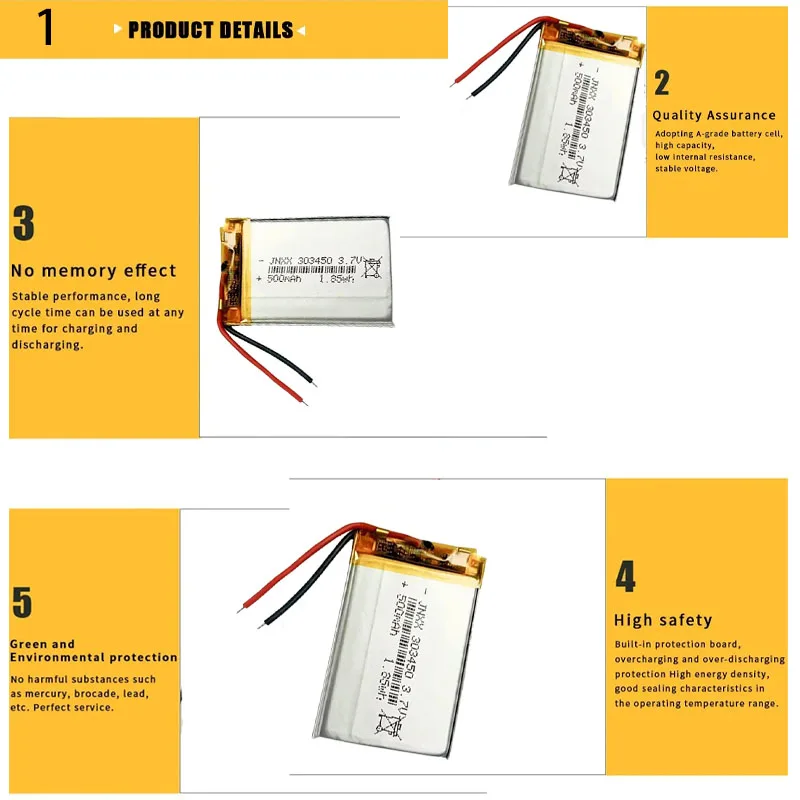 1-10pcs 303450 Lithium Polymer Battery Rechargeable Li-ion Battery 3.7V 500mAh for GPS MP3 MP4 MP5 PDA LED Light