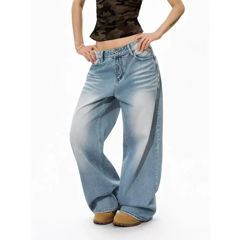 Vintage American style cross rivet plus size women loose straight leg wide leg pants Y2k casual ripped pants - Image 4