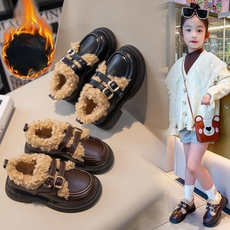 Girl Shoe Kid Lamb Fur Plush Leather Shoe Winter British Warmth Cotton Shoe Fashion Princess Loafers Shoe Kid Shoe Mary Jane