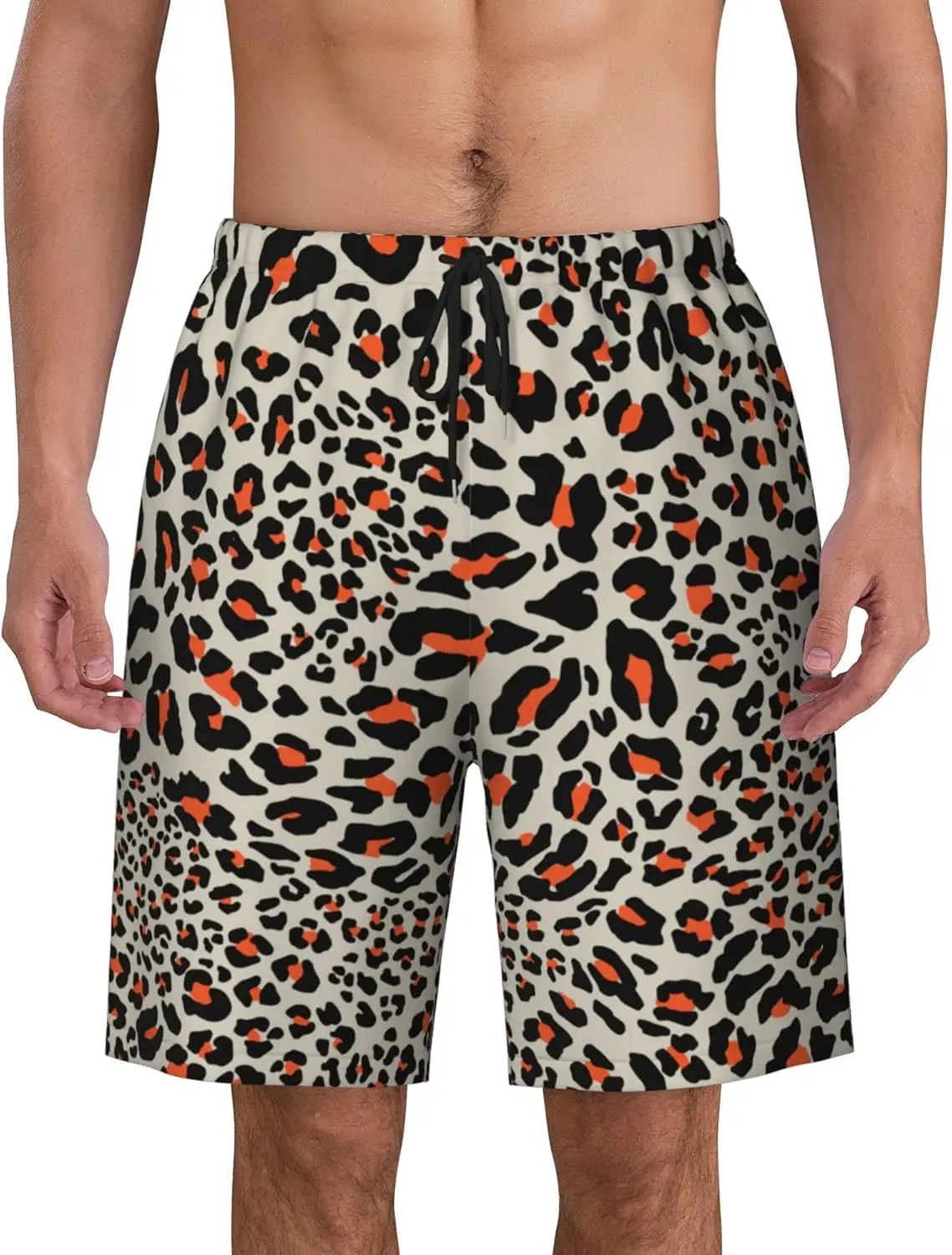 

Orange Grey Leopard Print Mens Swim Trunks Animal Skin Leopard Print Beach Shorts Quick Dry with Pockets