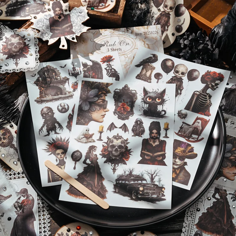 Gothic Dark Style Rub-On Aufkleber Halloween Elf Hexe Skelett Transfer für Dekoration Journaling Scrapbooking