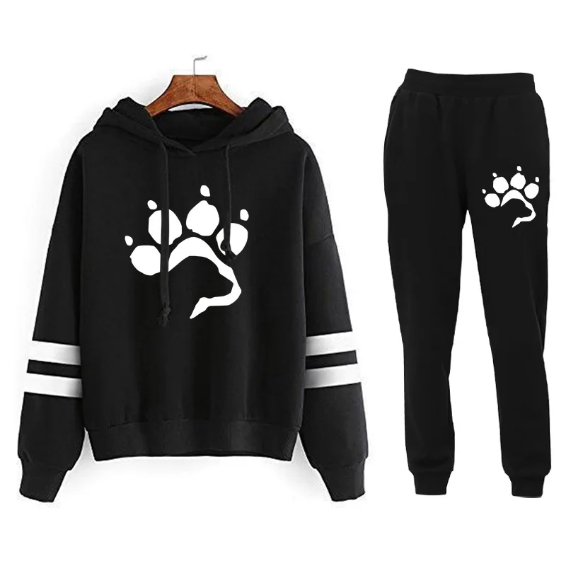 Love Dog Footprints Floral Parallel Bars Striped Hoodie Set for Women