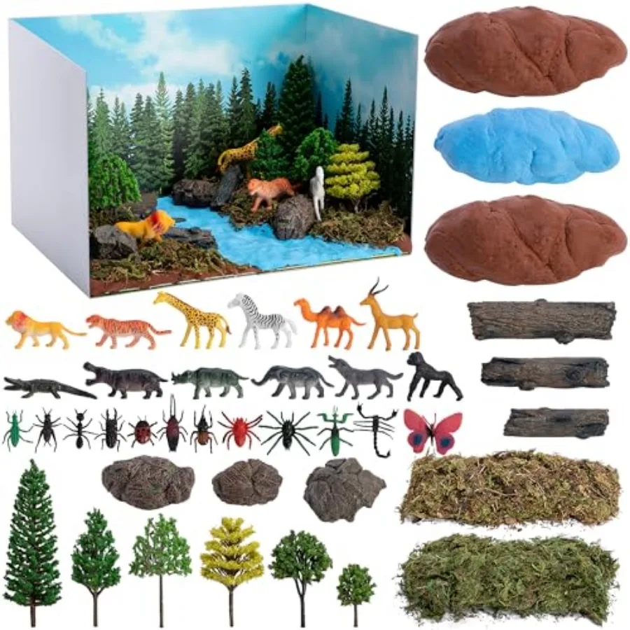 

65 Pcs Jungle Diorama Kit Habitat Project Box Set, Cardboard Diorama Box Animals Model Scenery Kit, Animal Figurines Rainforest